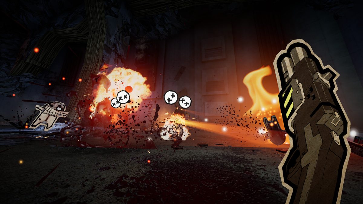 Steam store screenshot of a first-person shotgun, an explosion, and paper figures in a cardboard room